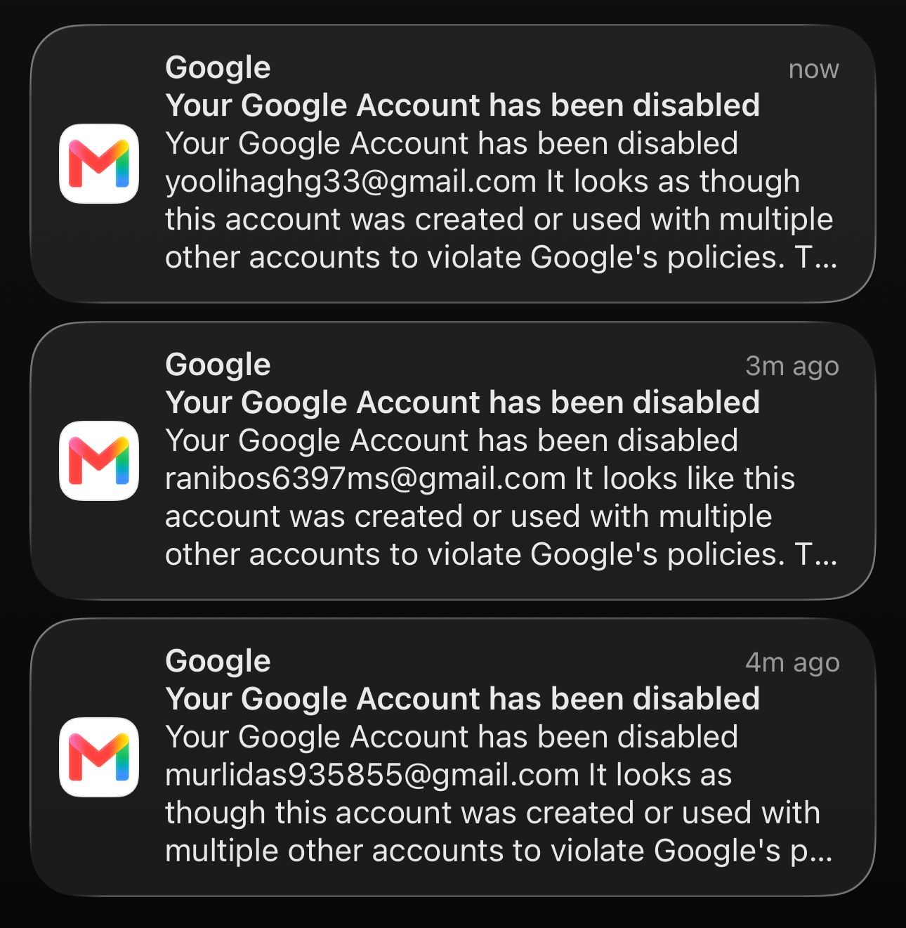 Multiple Google Account disabled notifications received on the same phone