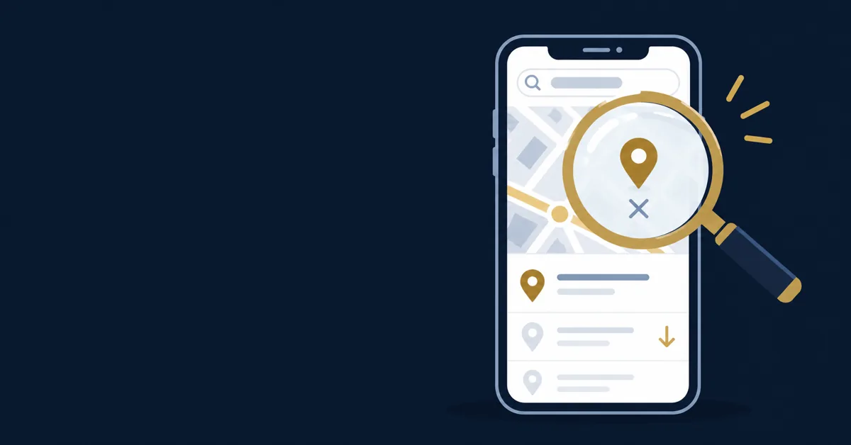 Phone map search with a magnifying glass over a Google Business Profile pin that is missing from the results