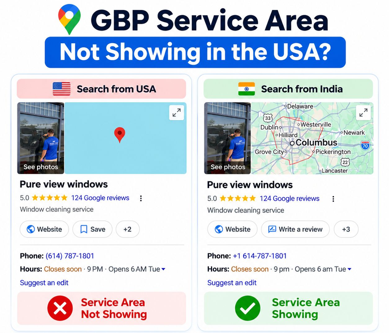 Comparison of a Google Business Profile service area map showing correctly when searched from India but not showing when searched from the USA